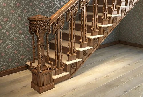 Carved Wooden Column with Decorative Elements in Classic Style on a Wooden Deck with Floral Wallpaper