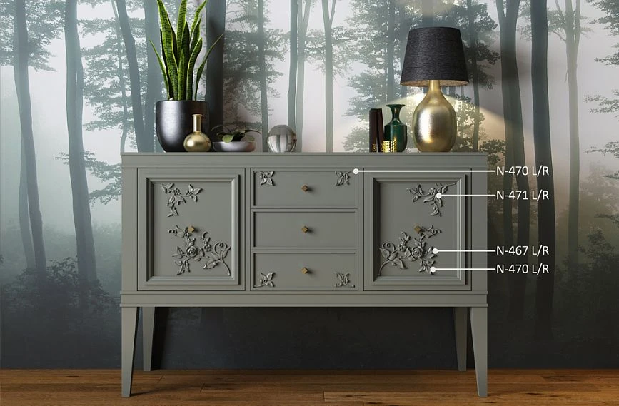 Chest KMD-002 with carved appliqu&eacute;s in a modern interior.