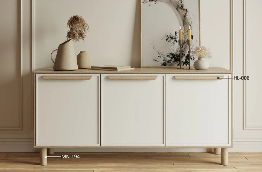 Chest of drawers KMD-004 with furniture handles HL-006 and turned legs MN-194 in the living room interior.