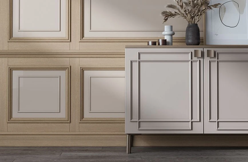 Example of how to decorate the KMD-012 chest of drawers with MLD-004 and MLD-019 moldings and MN-208 legs.