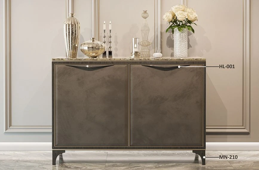 KMD-019 dresser in modern decor with the Prestige HL-001 handle and MN-210 legs in the hallway room design.