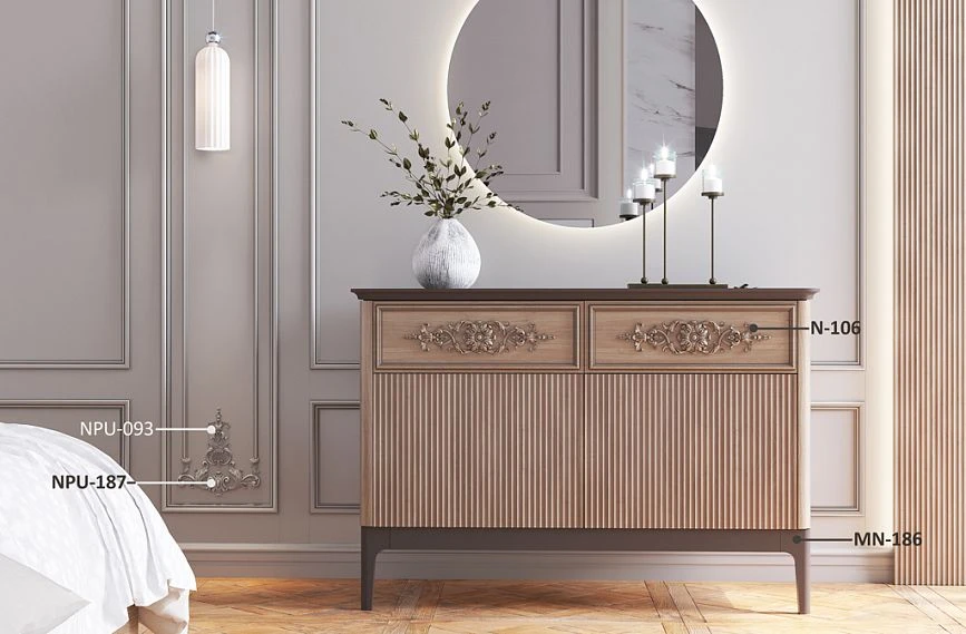 Ideas for decorating the wall and dresser KMD-021 with elegant carved appliqu&eacute;s and geometric legs.