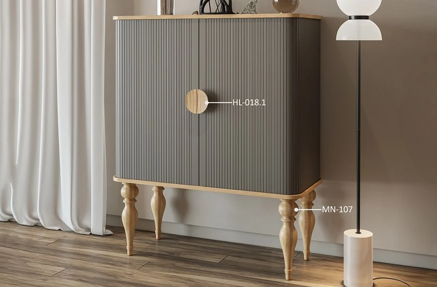 Idea for decorating the chest of drawers KMD-025 with handles Duet HL-018.1 and turned legs MN-107 in a bedroom.