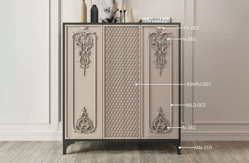 Design of the KMD-028 dresser with inlays and handles adorned with decorative elements.
