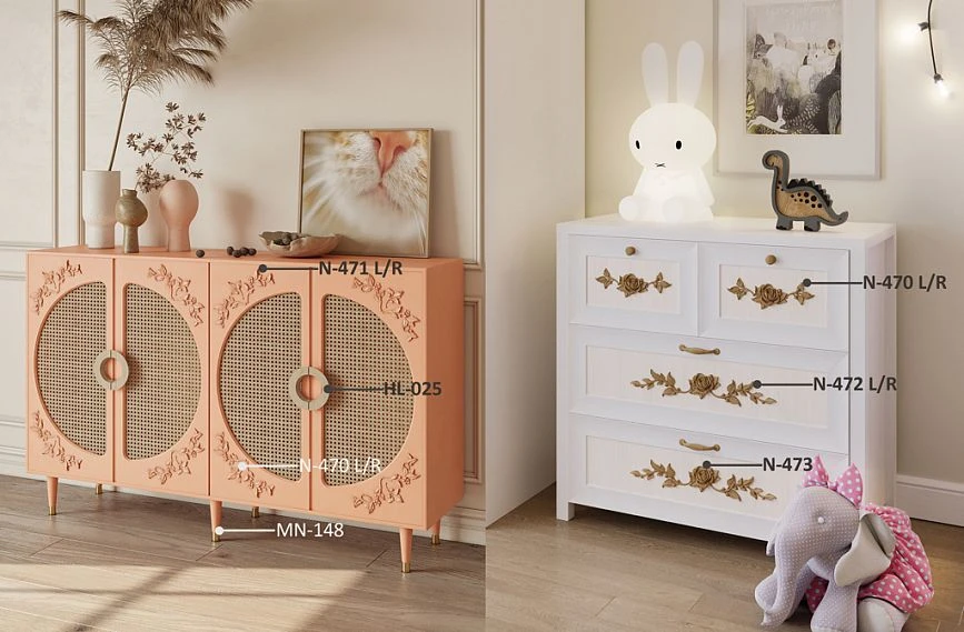 Ideas for decorating chest of drawers KMD-029, adorned with carved appliqu&eacute;s and elegant Solea HL-025 handles.