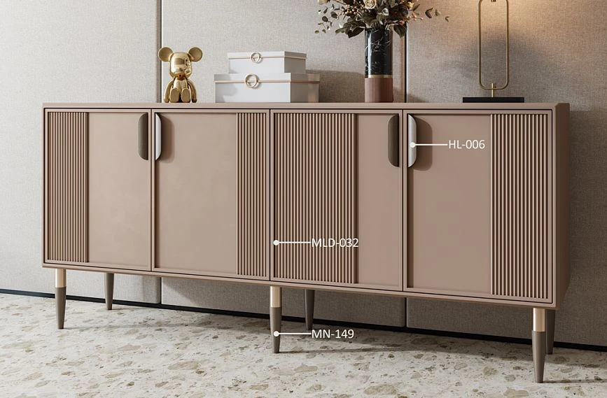 Dresser adorned with stylish Wave HL-006 handles, moldings, and elegant legs in modern design.