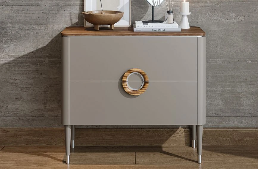 Dresser KMD-032 with modern round handles and slender legs in a steel room