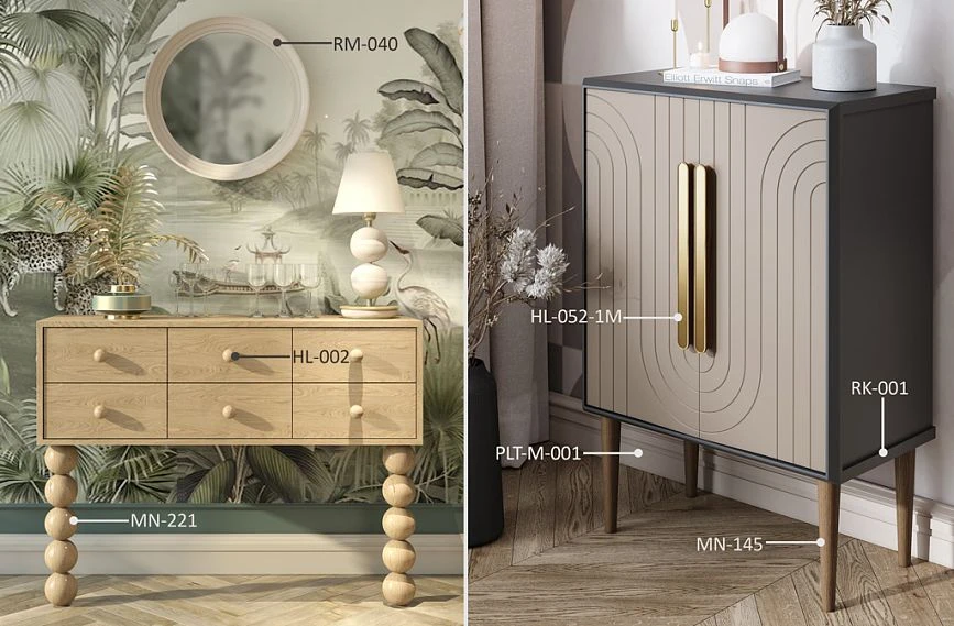 Ideas for styling cabinets KMD-033 with furniture handles and legs, wooden rail RK-001.