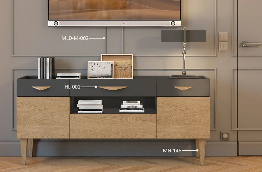 Idea for decorating the KMD-035 cabinet in a minimalist style using legs MN-146, furniture handles HL-001, and wooden molding MLD-002.