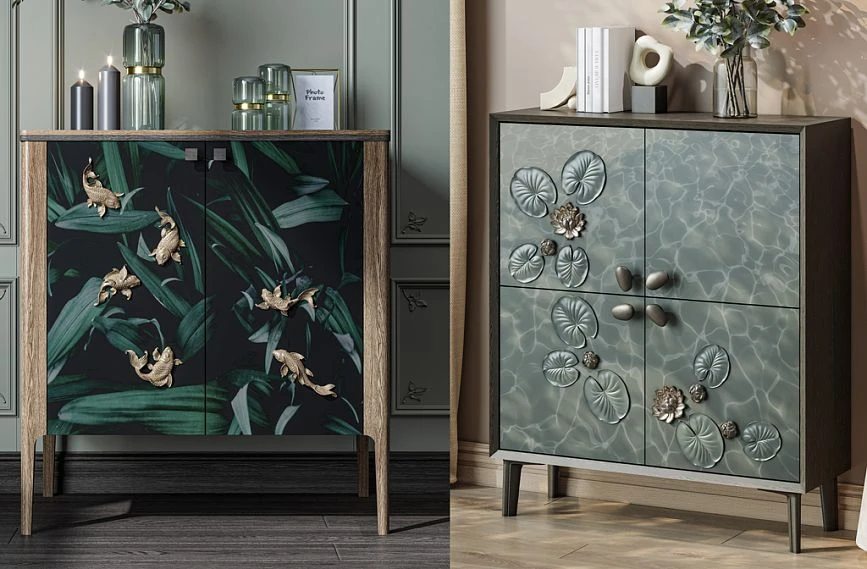 Ideas for decorating the KMD-041 dresser with carved appliqu&eacute;s and geometric legs.