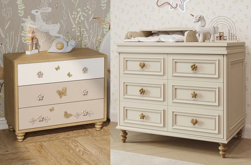 Ideas for decorating the KMD-043 chest of drawers with handles, carved appliqu&eacute;s, and legs MN-095, MN-099 in a children's room interior.