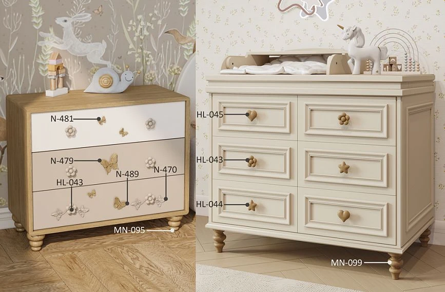 KMD-043 chest of drawers with handles Flower HL-043, Star HL-044, Heart HL-045 in a children's room interior.