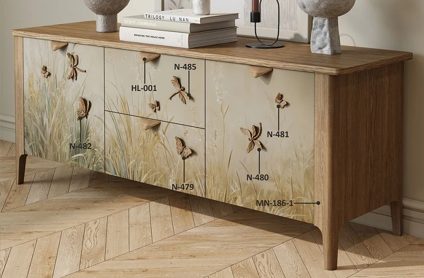Ideas for styling the KMD-047 chest of drawers with elegant wooden decoration and modern handles HL-001 and geometric furniture leg MN-186-1.