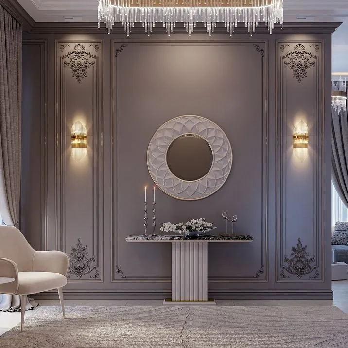 Polyurethane relief decoration CPU.VRS-059 installed on a wall in a classic interior, creating an accent panel effect.