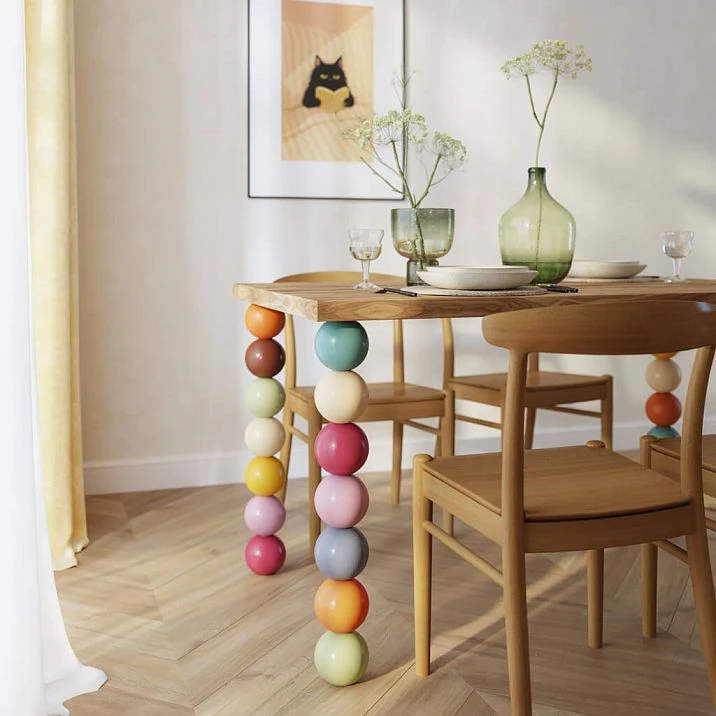 Children's shelving unit with decorative spheres in the niche above the desk, general view of the room interior.