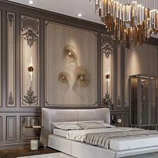 Wooden decor in the bedroom on the wall, interior photo