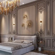 C.VRS-057 decor set in the bedroom on an interior photo, wooden decor on walls