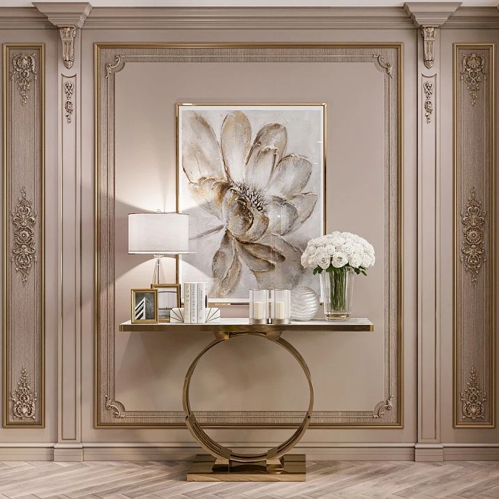 Wooden carved decor for walls, interior photo of the furniture decor set
