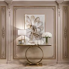 Wooden carved decor for walls, interior photo of the furniture decor set