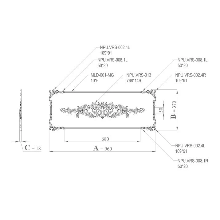 Drawing of Stucco Decor CPU.VRS-064.1: Panel Diagram with Dimensions A=960, B=370, Thickness C=18 and Positioning of Kit Elements at Corners and Center
