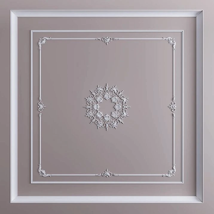 Molded polyurethane decor CPU-070 in a star-shaped modular form, measuring 765&times;765&times;18 mm, for decorating ceilings and walls in a classic bedroom or living room interior