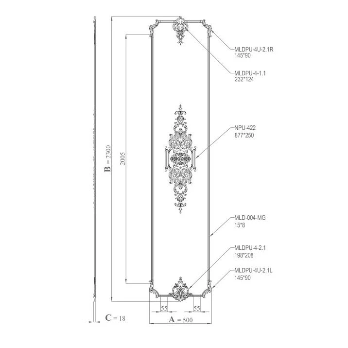 Drawing of the stucco decor set CPU-10-1 with dimensions 500&times;2300&times;18 mm and element composition