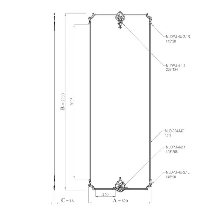 Drawing of the stucco decor set CPU-11-2 Ekaterinhof size 820&times;2300&times;18 mm