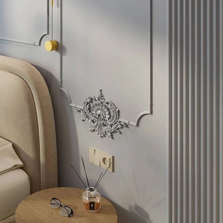 Set of decorative molding CPU-12-1 Petersburg in a bedroom interior by the bed