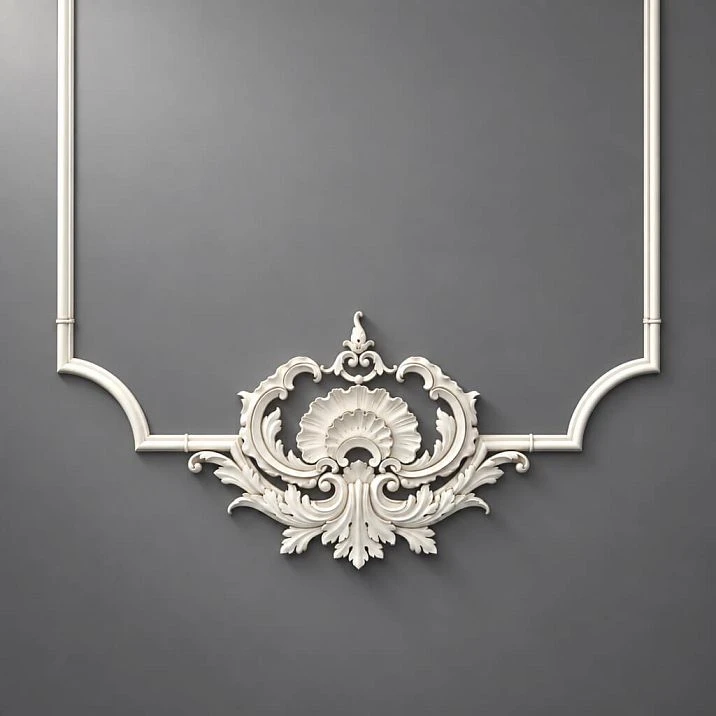 Upper ornament of the stucco decor set CPU-12-1 Petersburg on a blue wall