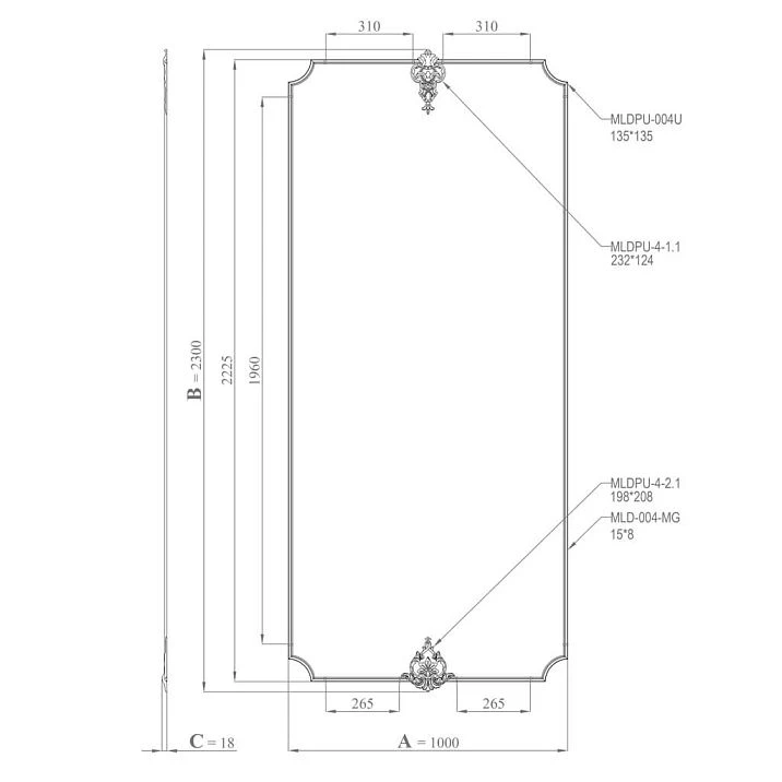 Drawing of the stucco decor set CPU-12-2 Petersburg size 1000&times;2300&times;18 mm