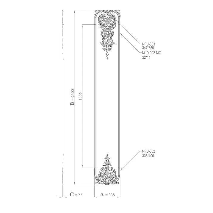 Drawing of the set of stucco decor CPU-13-1 Peterhof size 338&times;2300&times;22 mm