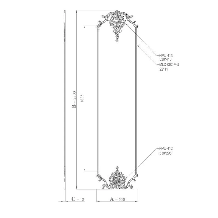 Drawing of the stucco decor set CPU-14-1 Tsarskoye Selo, size 530&times;2300&times;18 mm