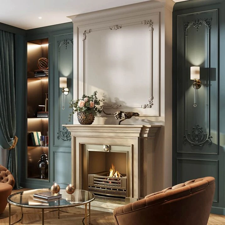Paired wall decoration with stucco decor sets CPU-15-1 next to the fireplace