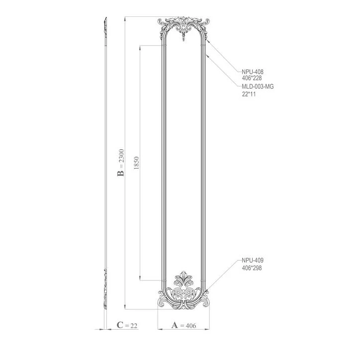 Drawing of the stucco decor set CPU-15-1 Pavlovsk size 405&times;2300&times;22 mm