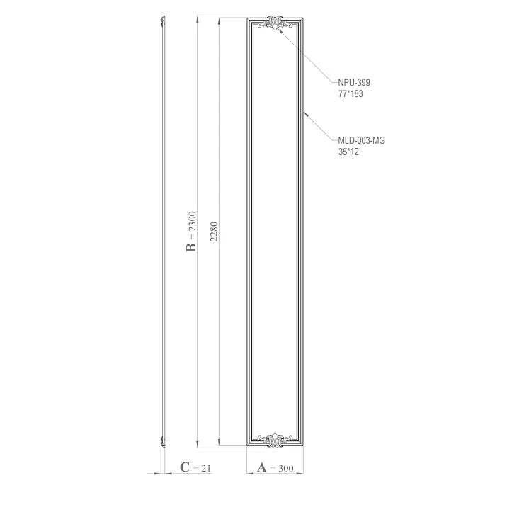 Drawing of the CPU-1-1 decorative molding set with dimensions 300&times;2300&times;21 mm