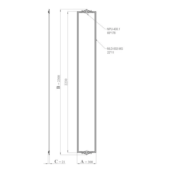 Drawing of the CPU-2-1 decorative molding kit with dimensions 300 &times; 2300 &times; 21 mm