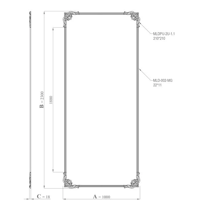 Drawing of the CPU-2-3 molding decor set with dimensions 1000 &times; 2300 &times; 18 mm