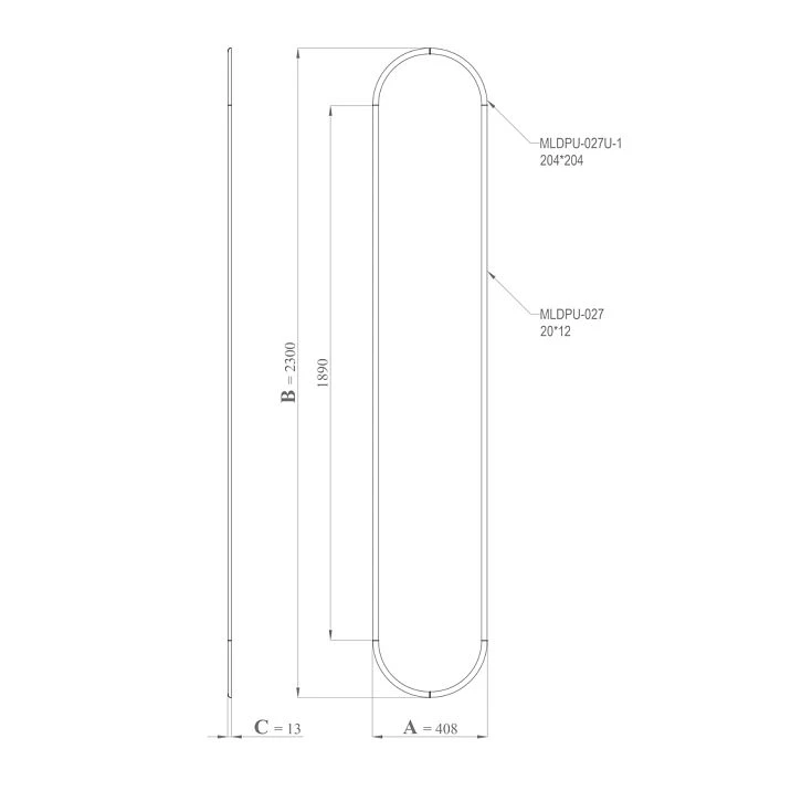 Drawing of the CPU-3-2 decorative molding kit: height 2300 mm, width 408 mm, thickness 13 mm, profile ML DPU-027 and arched element