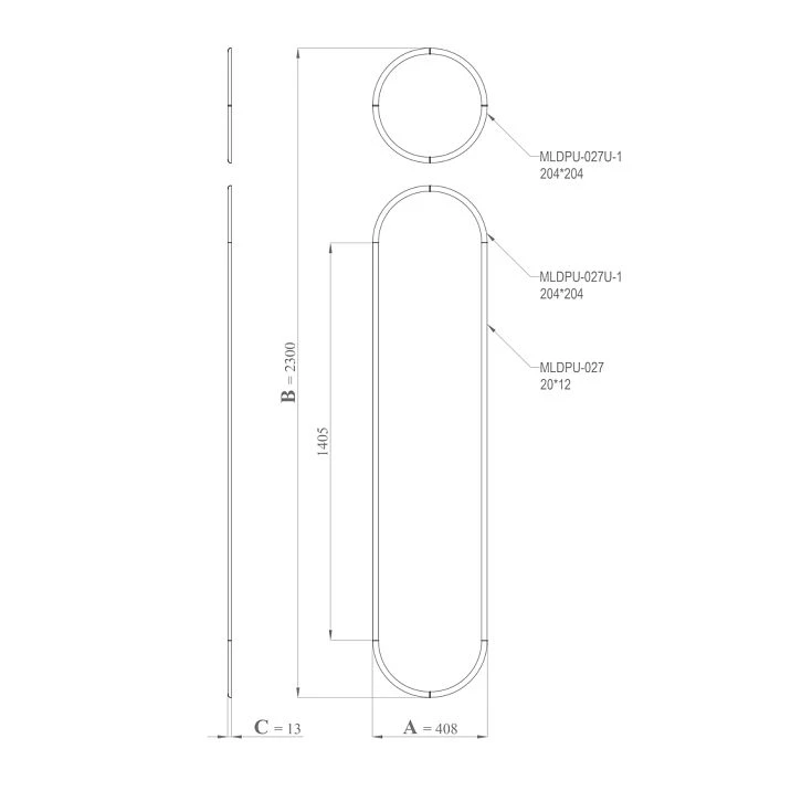 Drawing of the CPU-3-5 decorative molding set: total height 2300 mm, width 408 mm, thickness 13 mm, round frame and arched frame, profile MLDPU-027