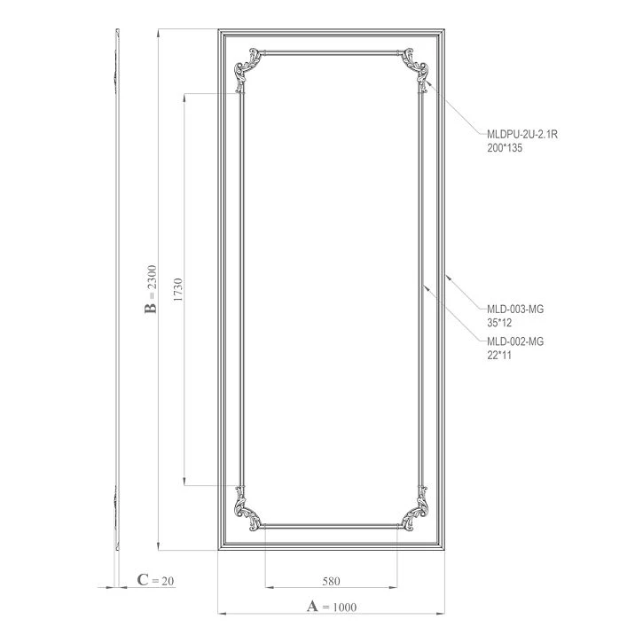 Drawing of the CPU-5-1 set: frame diagram with dimensions A=1000, B=2300, thickness C=20, and reference to moldings MLD-002-MG, MLD-003-MG, and corners MLDPU-2U-2.1R.