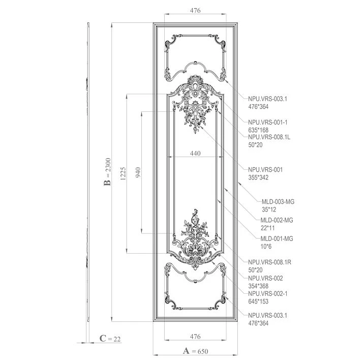 CPU-5-5 Kit Drawing: Panel dimensions A=650, B=2300, C=22 and layout diagram of stucco decor elements