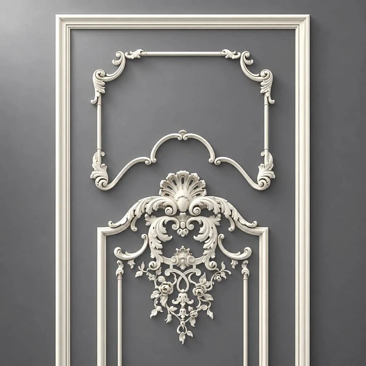 Lower composition CPU-5-5 &mdash; central cartouche with acanthus leaves and rosettes, decorative vertical molding lines.
