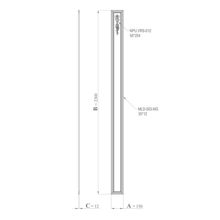 Drawing of the CPU-5-6 kit: panel dimensions B=2300 mm, A=150 mm, thickness C=12 mm, elements NPU.VRS-012 and MLD-003-MG
