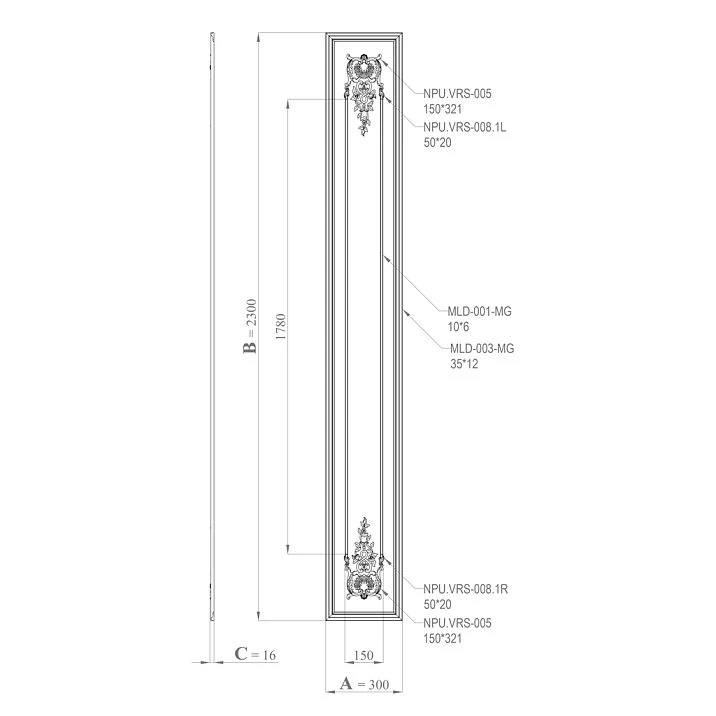 Drawing of the CPU-5-7 'Versailles' decorative stucco kit with panel dimensions and designation of elements NPU.VRS-005, MLD-001-MG, MLD-003-MG