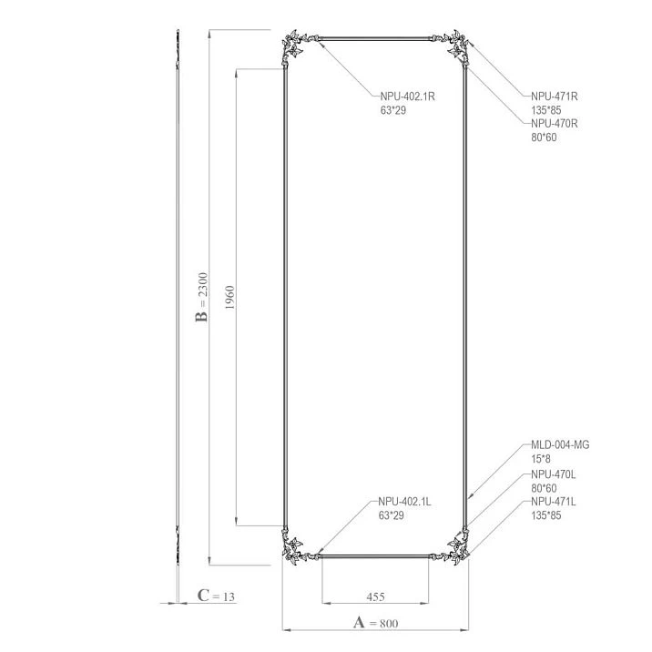 Diagram of the stucco decor set CPU-6-2 with dimensions 800 by 2300 mm