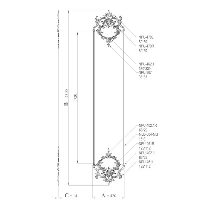 Polyurethane stucco decor CPU-7-1 for interior frame diagram