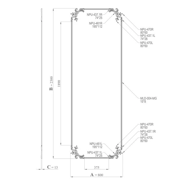 CPU-8-3 Kit Drawing: panel dimensions, thickness, layout diagram of molding and decorative elements from the 'Summer Garden' collection