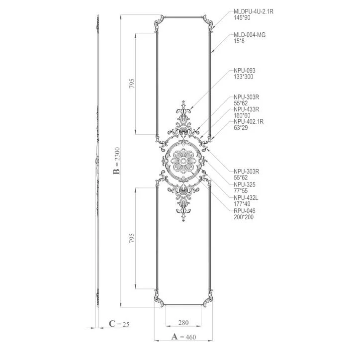 Diagram of the CPU-9-1 stucco decor set with dimensions 460 by 2300 mm
