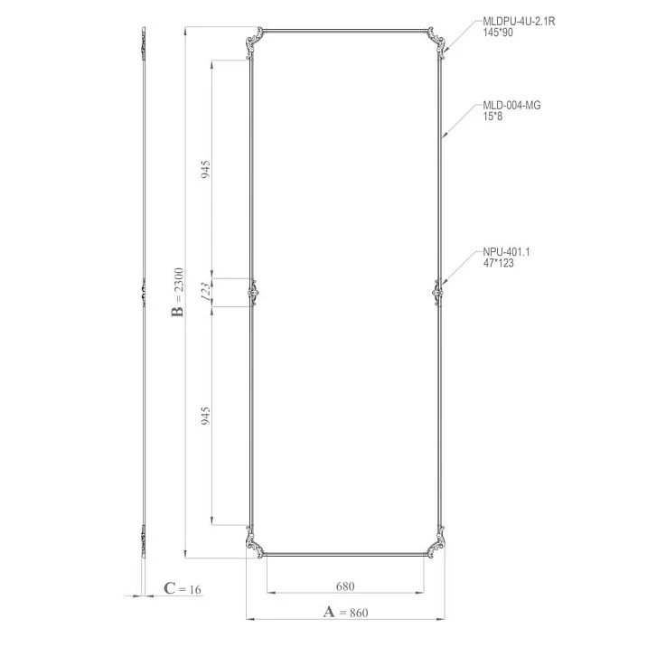 Diagram of the CPU-9-2 stucco decor kit with dimensions 860 by 2300 mm