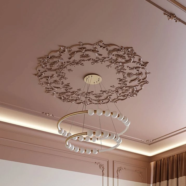Close-up of the central stucco decor CPU-P1 on the ceiling around the chandelier